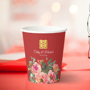 Peony floral doppeltes Glück Chinesische Hochzeit  Pappbecher