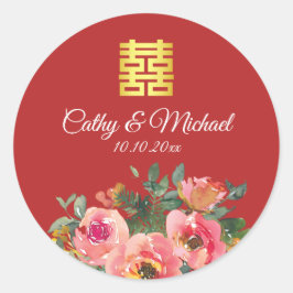 Peony floral doppeltes Glück Chinesische Hochzeit Runder Aufkleber
