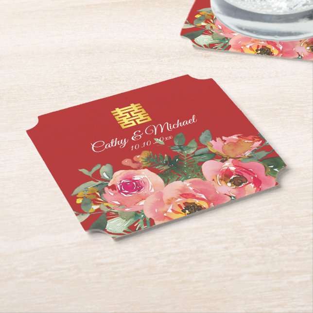 Peony floral doppeltes Glück Chinesische Hochzeit  Untersetzer (angewinkelt)