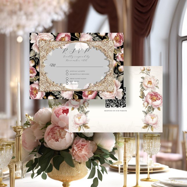 Peony Floral Elegant Gold Rosa und Schwarze Hochze RSVP Karte (Von Creator hochgeladen)