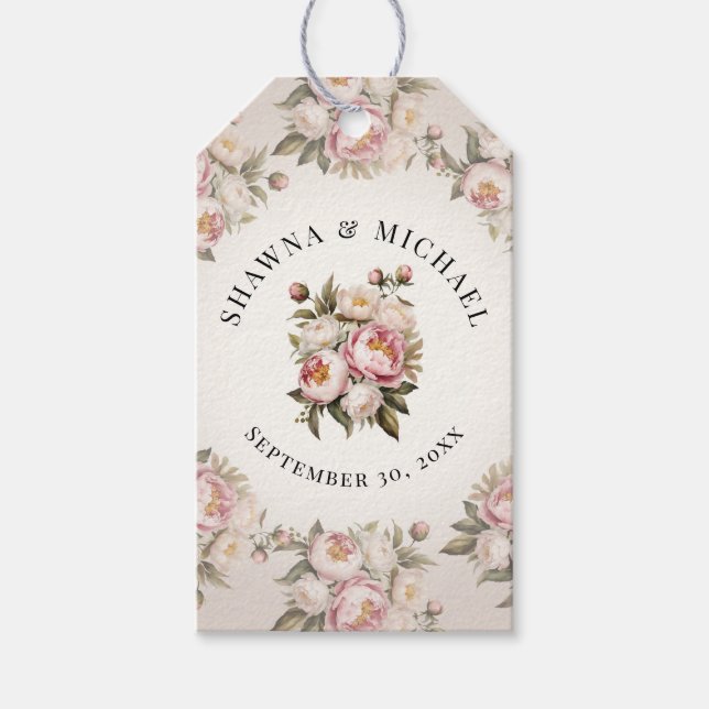 Peony Floral Elegante Rosa Wasserfarbenhochzeit Geschenkanhänger (Vorderseite)