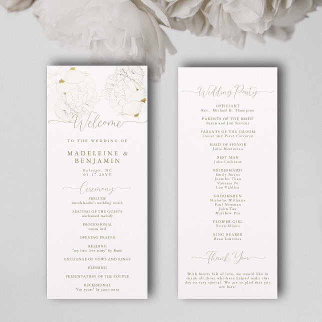 Peony Floral Gold Lace Elegantes Hochzeitsprogramm (peony wedding ceremony program white and gold elegant modern classic romantic calligraphy feminine)