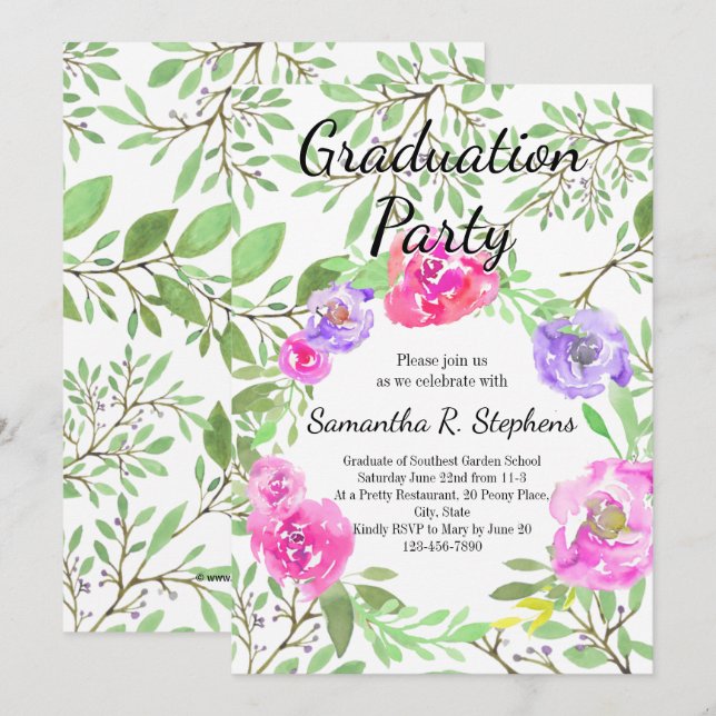 Peony Floral Graduation Party Einladung (Vorne/Hinten)
