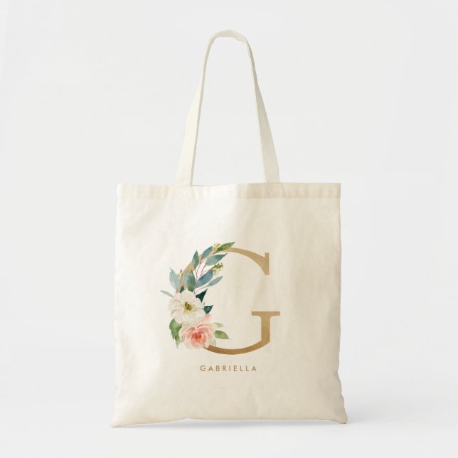 Peony Floral Letter G Gold Monogram Bridesmaid Tragetasche (Vorne)