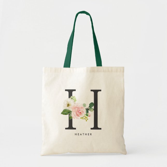 Peony Floral Letter H Black Monogram Bridesmaid Tragetasche (Vorne)