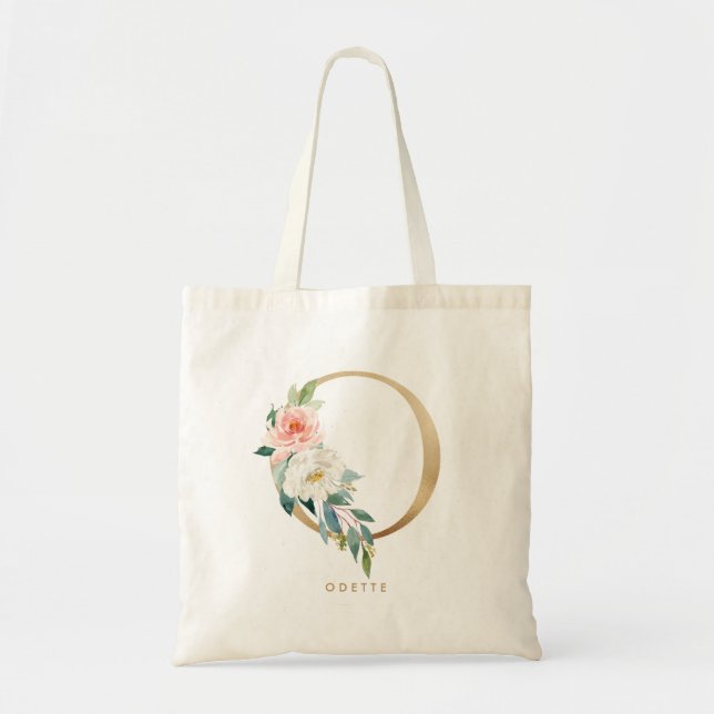 Peony Floral Letter O Gold Monogram Bridesmaid Tragetasche (Vorne)