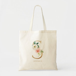 Peony Floral Letter S Gold Monogram Bridesmaid Tragetasche