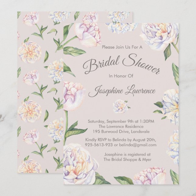 Peony Floral Mauve Invitations de douche nuptiale (Devant / Derrière)