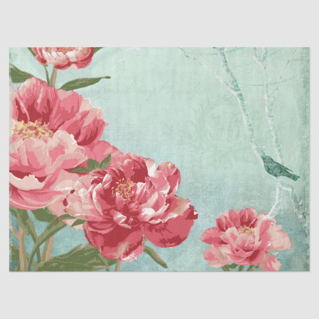 Peony Floral Minze Pink Burgundy Retro Chintz Bird Seidenpapier (Vorderseite)