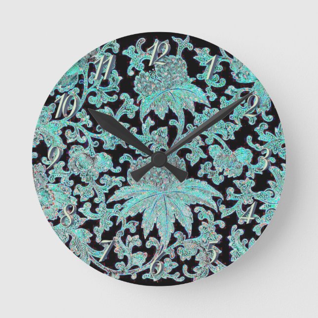 Peony flower turquoise and black runde wanduhr (Vorderseite)