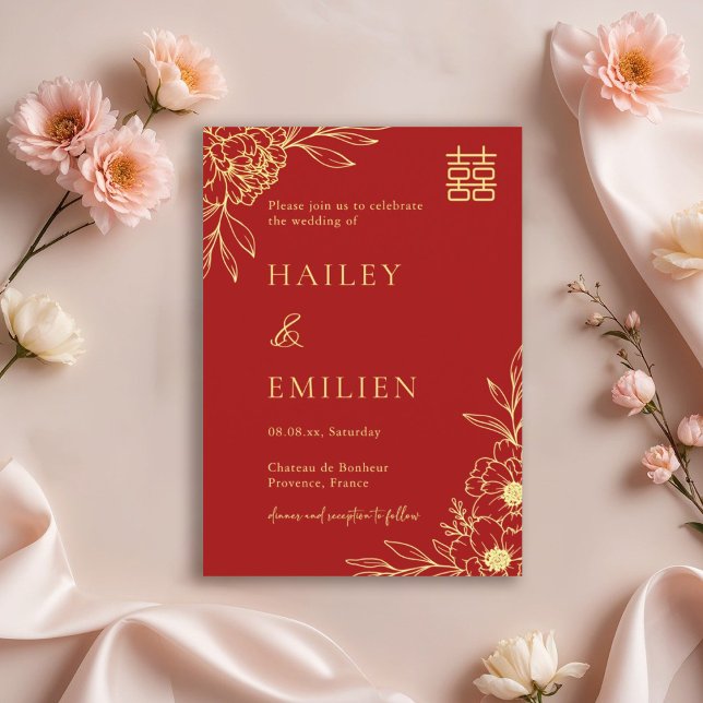 Peony Flowers Modern Chinese Red Gold Wedding  Einladung (Von Creator hochgeladen)