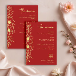 Peony Flowers Modern Chinese Red Gold Wedding Menu Einladung