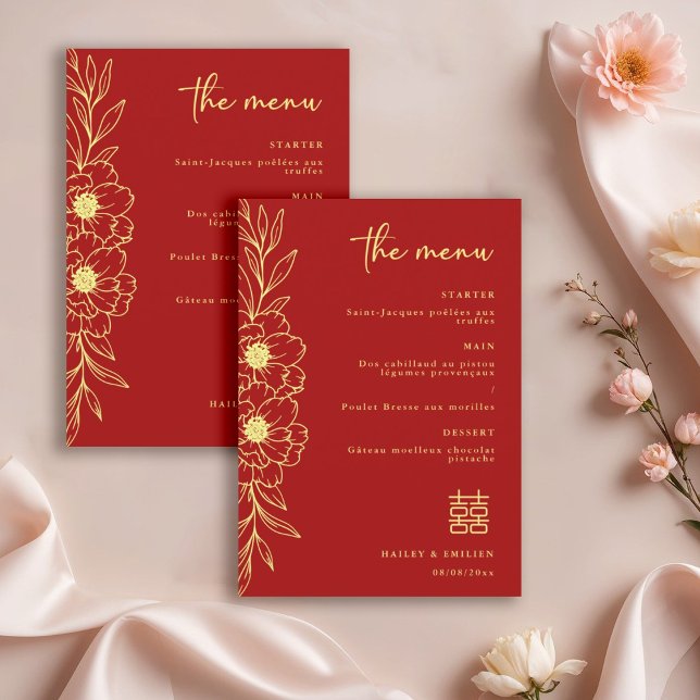 Peony Flowers Modern Chinese Red Gold Wedding Menu Einladung (Von Creator hochgeladen)