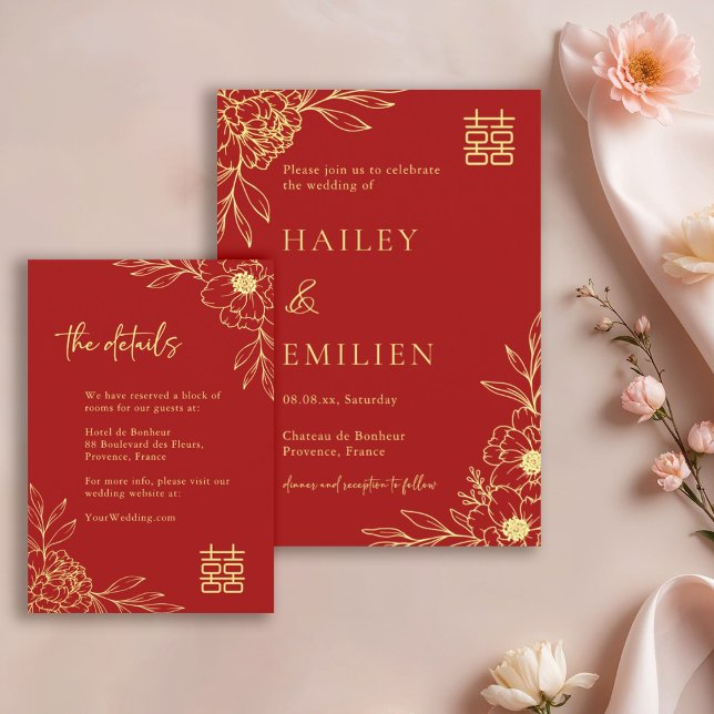  Peony Flowers Modern Chinese Red Wedding Details  Einladung (Von Creator hochgeladen)