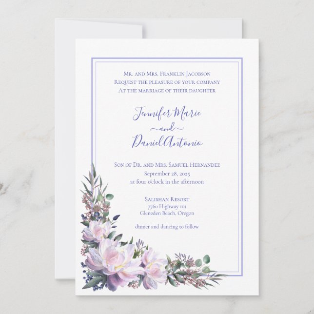 Peony Garden Periwinkle Faire-part de mariage blan (Devant)