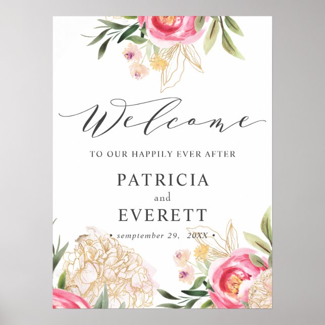 Peony gold Blume Boho Wedding Willkommen Poster (Vorne)