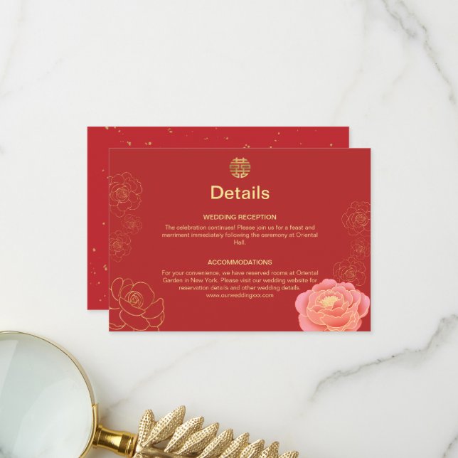 Peony Gold Chinese Mariage Détails Carte de boîtie (Devant/Arrière en situation)
