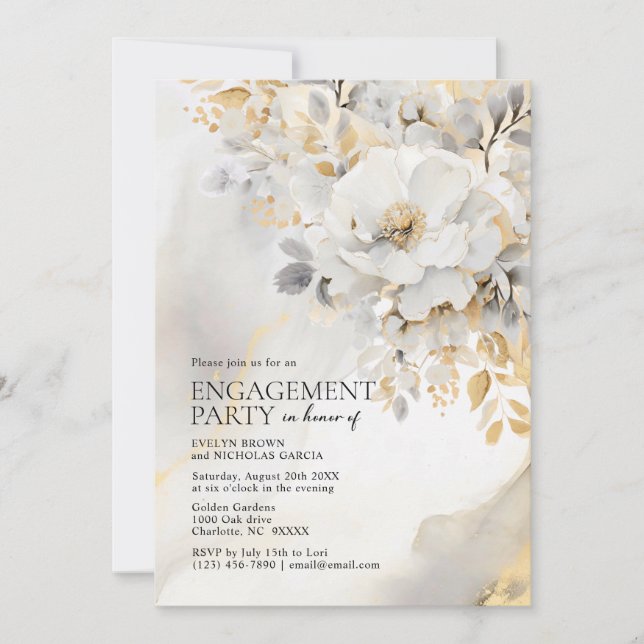 Peony Gold Gray Black Engagement Party Einladung (Vorderseite)