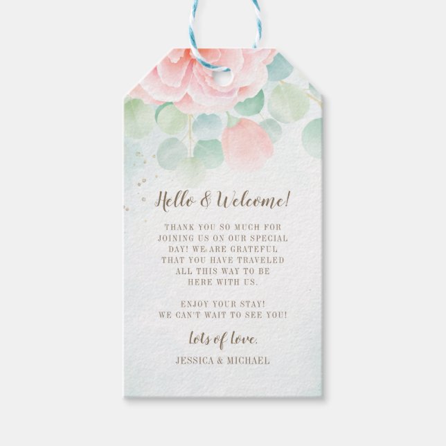 Peony Greenery Eucalyptus Monogram Wedding Welcome Geschenkanhänger (Vorderseite)