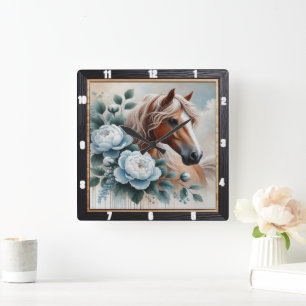 Peony Horse Floral Timepiece Quadratische Wanduhr