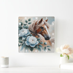 Peony Horse Floral Timepiece Quadratische Wanduhr
