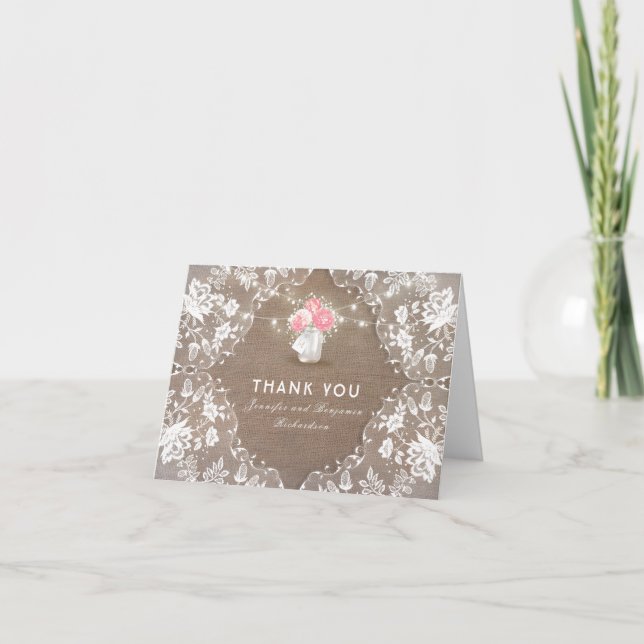 Peony Mason Jar Lace Wedding Vielen Dank Dankeskarte (Vorderseite)