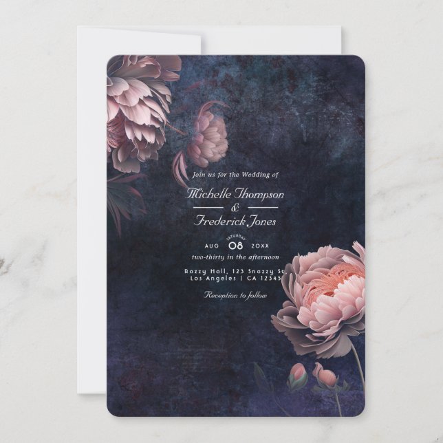 Peony Midnight Floral QR Code Hochzeit Einladung (Vorderseite)