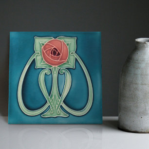 Peony on Blue Decor Art Nouveau Art Deco Fliese