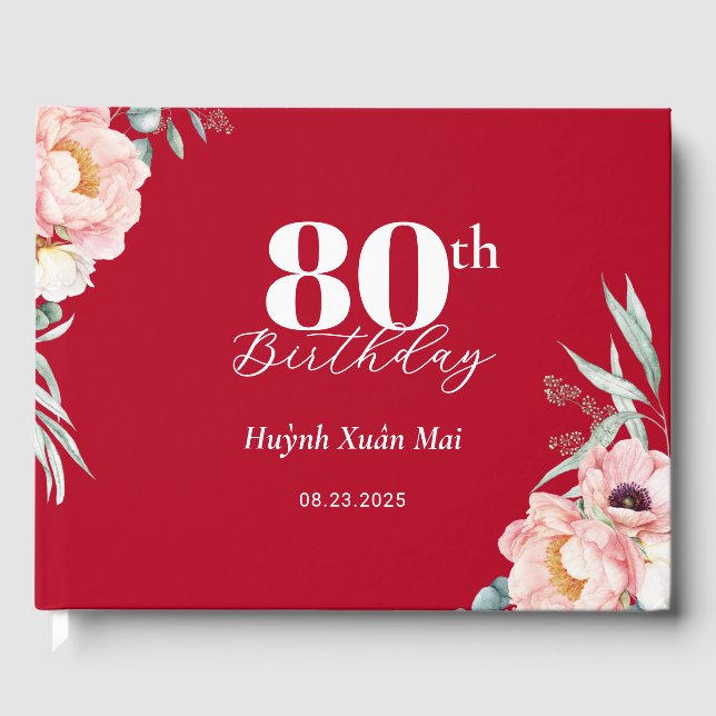 Peony on Red Birthday Welcome Sign Gästebuch (Vorderseite)