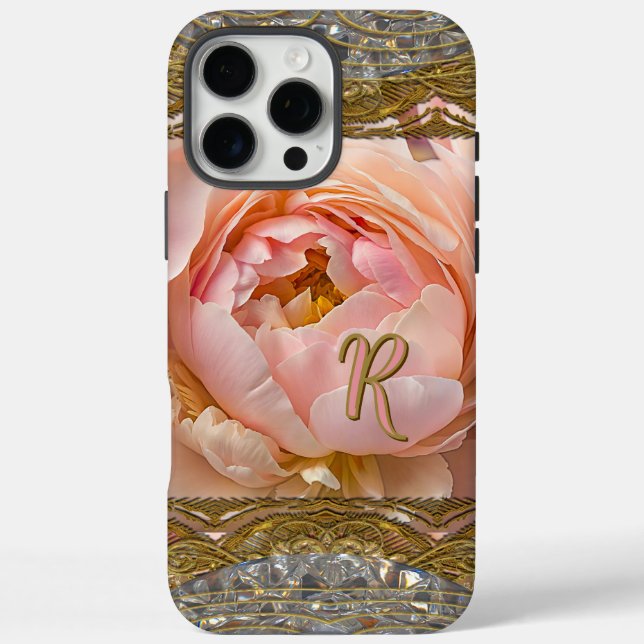 Peony Perfect Pinkish Monogram Elegant iPhone 16 Pro Max Hülle (Rückseite)