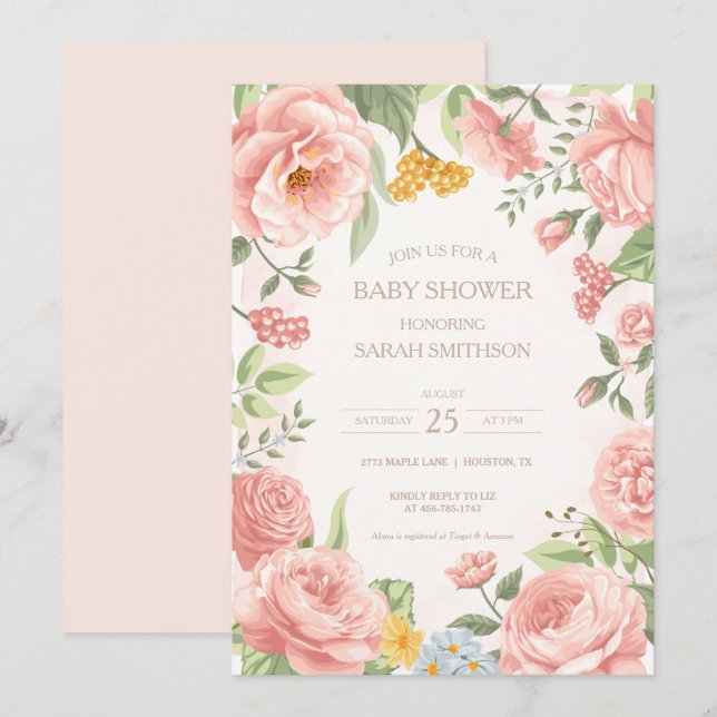 Peony Pink Botanical Baby Dusche Einladung (Vorne/Hinten)
