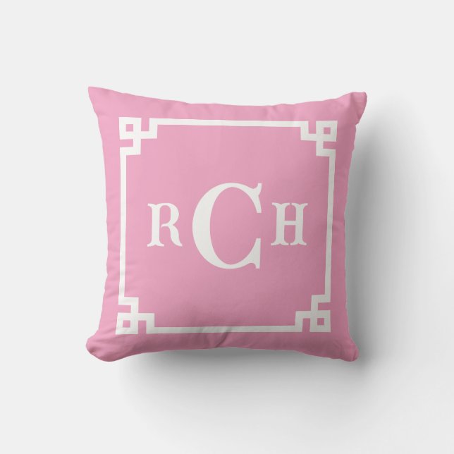 Peony Pink Reverse Chinoiserie Griechisches Schlüs Kissen (Vorderseite)