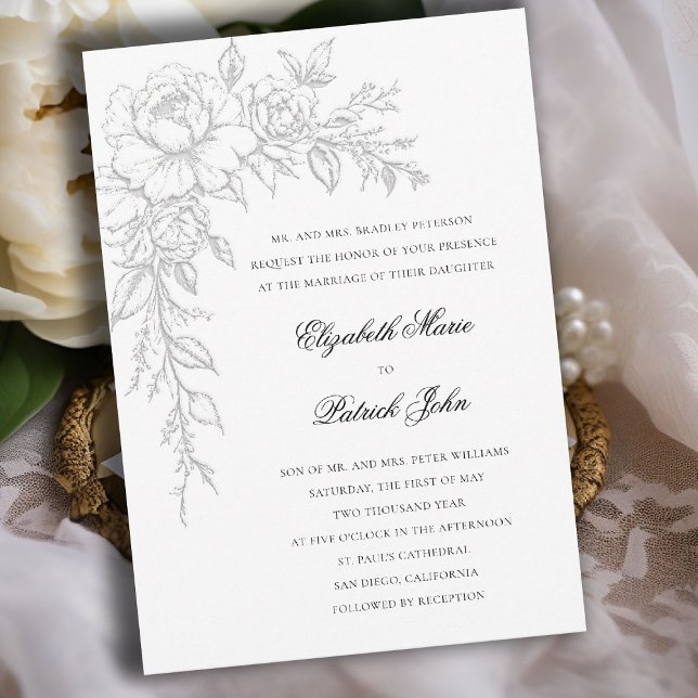 Peony Radiant White Elegant Formal Classic Wedding Einladung (peony wedding invitation formal traditional modern classic art sketch black white parents host)