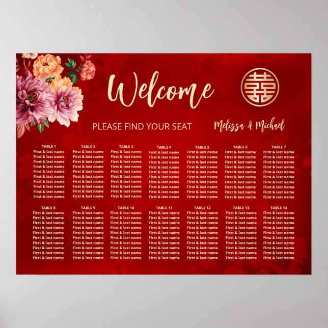 Peony Red Chinese Wedating Chart Poster (Vorne)