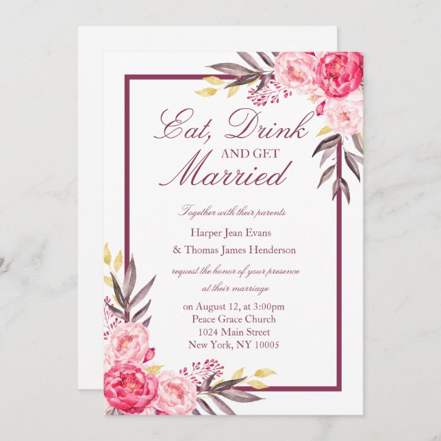Peony Romance Mariage Invitation (Devant / Derrière)
