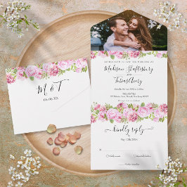 Peony Rose Floral Elegantes Script Foto Hochzeit All In One Einladung