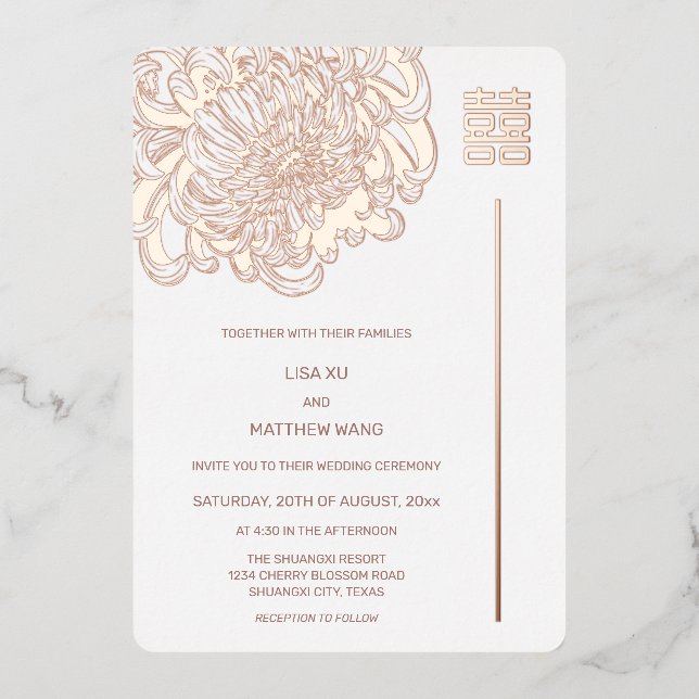 Peony Rose Gold White Chinese Wedding Folieneinladung (Vorderseite)