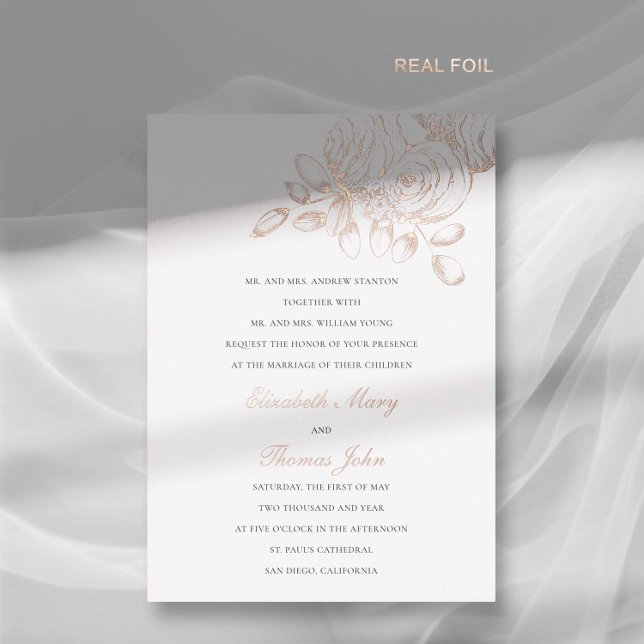 Peony Sketch Formal Modern Classic Wedding Gold Folieneinladung (peony wedding invitation modern classic formal  floral sketch gold foil elegant romantic)