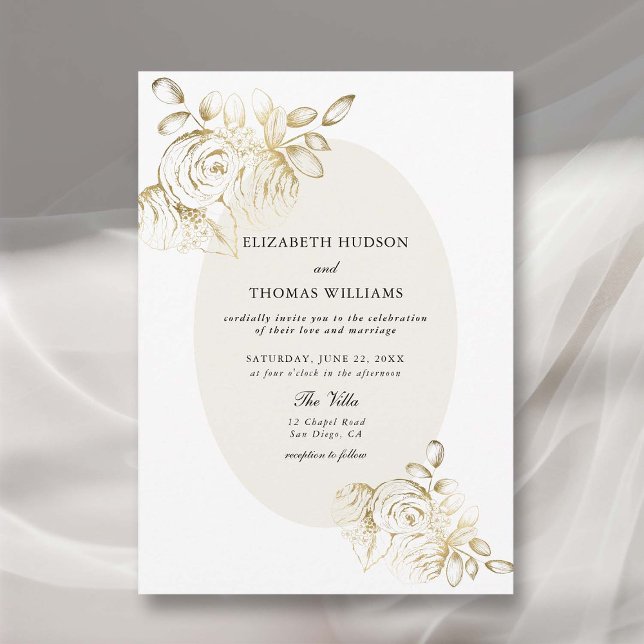 Peony Sketch Imitate Gold Classic Flora Frame Wedd Einladung (peony wedding invitation modern classic formal  floral sketch frame faux gold elegant romantic chic)