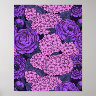 Peony und Hydrangea in Rosa und Violett Poster