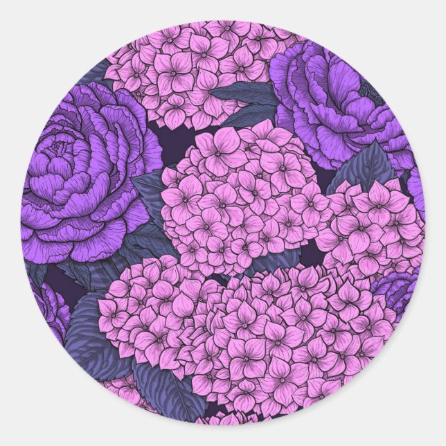 Peony und Hydrangea in Rosa und Violett Runder Aufkleber (Vorderseite)