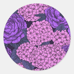 Peony und Hydrangea in Rosa und Violett Runder Aufkleber