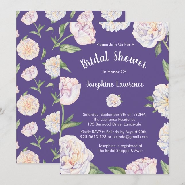 Peony Violet Lila Bridal Dusche Einladungen (Vorne/Hinten)
