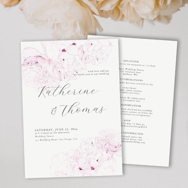 Peony Wedding Pink Ink Elegantes Formal Alles in e Einladung (Von Creator hochgeladen)