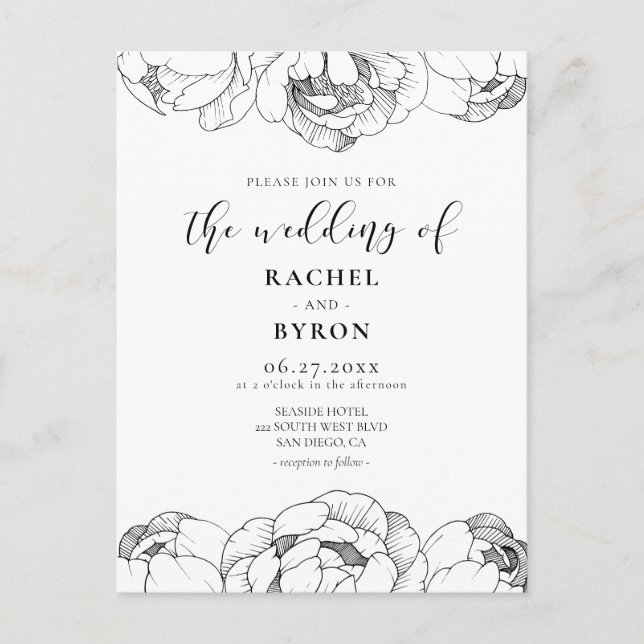 Peonys noir et blanc élégante invitation de mariag (Devant)