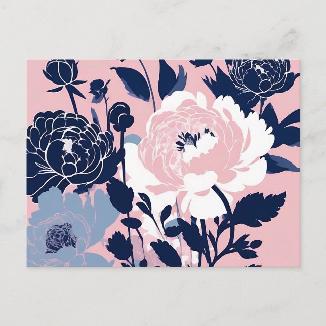 Peonys und Rose Kontrast Silhouette Bläschen Postkarte (Vorderseite)