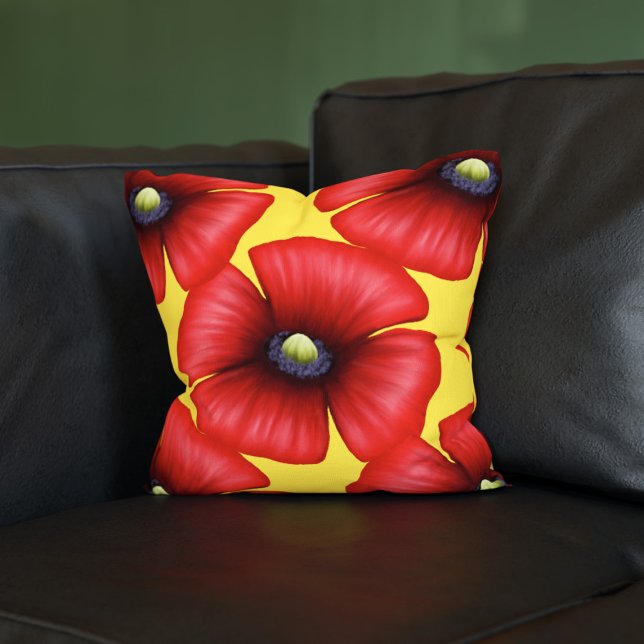 Pépites rouges Motif floral Oreiller jaune (Pop a poppy pillow on your sofa! This red and yellow modern floral design will look great on yours!)