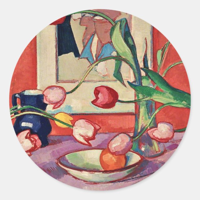 Peploe - Tulips, The Blue Jug, Runder Aufkleber (Vorderseite)