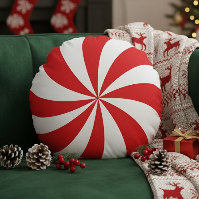 Peppermint Candy Swirl Red Christmas Holiday Rundes Kissen (Peppermint Candy Swirl Red Christmas Holiday Round Pillow
)