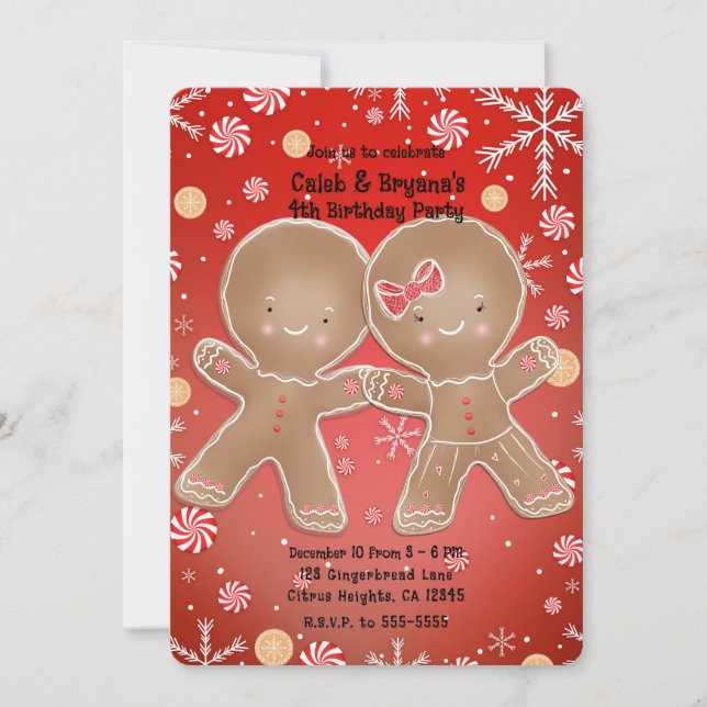 Peppermint Gingerbread Boy & Girl Birthday Party Einladung (Vorderseite)